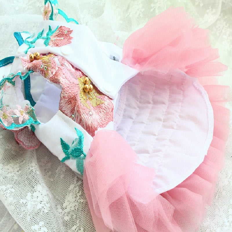 Handmade Dog Clothes Peony Pavilion Light Silk Embroidery Pet Dress