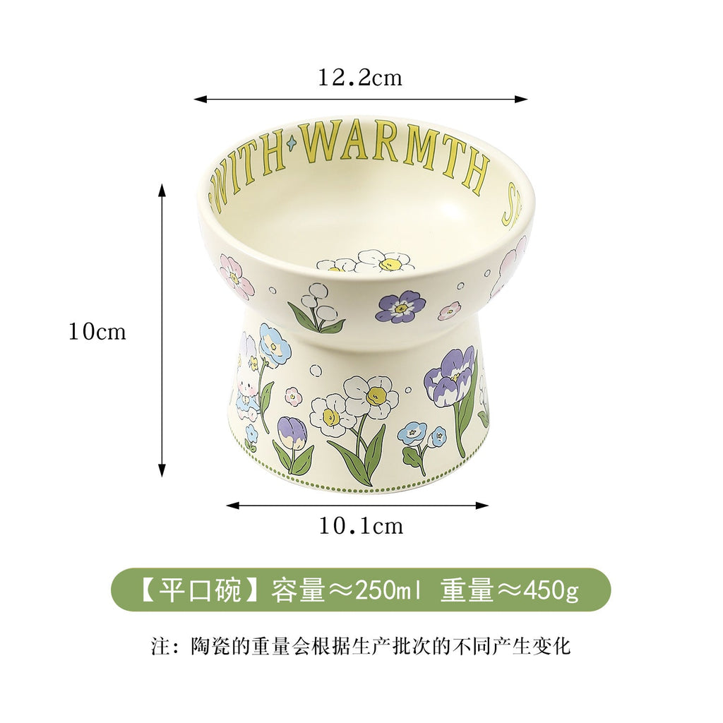 Dog bowl ceramic green white flowers