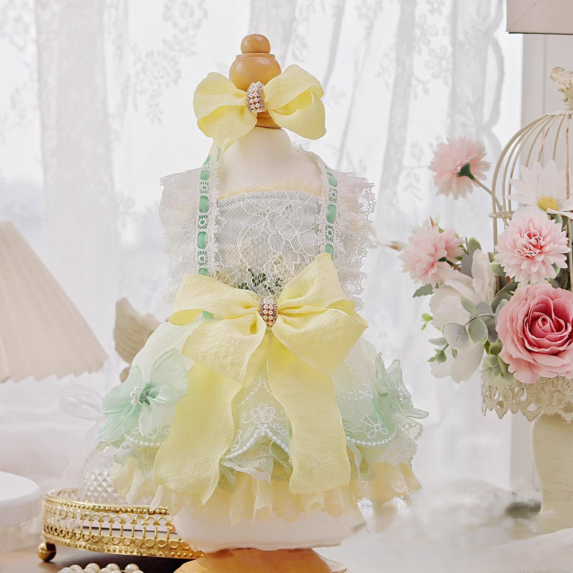 Handmade Cute Dog Dress Yellow Lace Bowknot Outfit