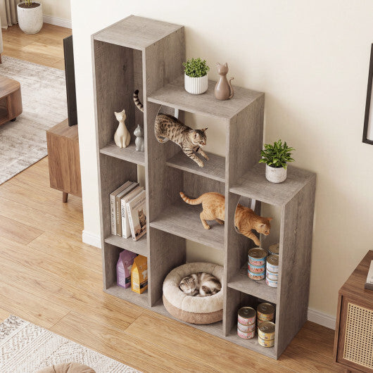 Modern Cat Bookshelf Cat Tree 8-Section Storage Cabinet with 2 Round Holes-Gray Oak