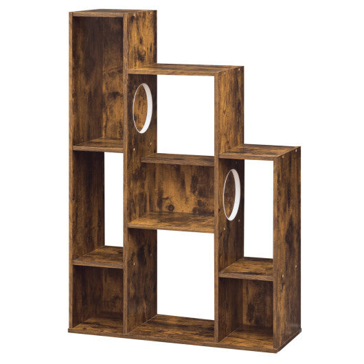 Modern Cat Bookshelf Cat Tree 8-Section Storage Cabinet with 2 Round Holes-Gray Oak