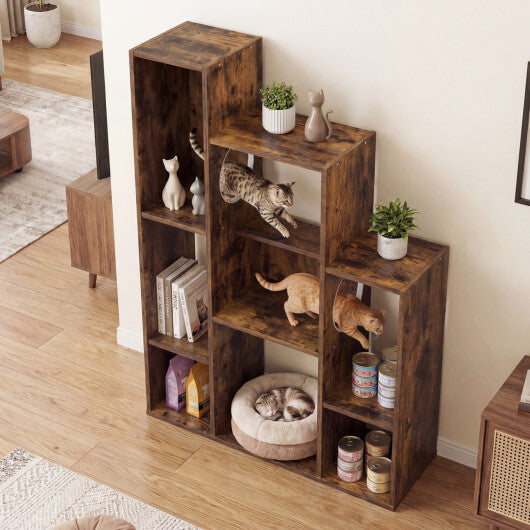 Modern Cat Bookshelf Cat Tree 8-Section Storage Cabinet with 2 Round Holes-Gray Oak