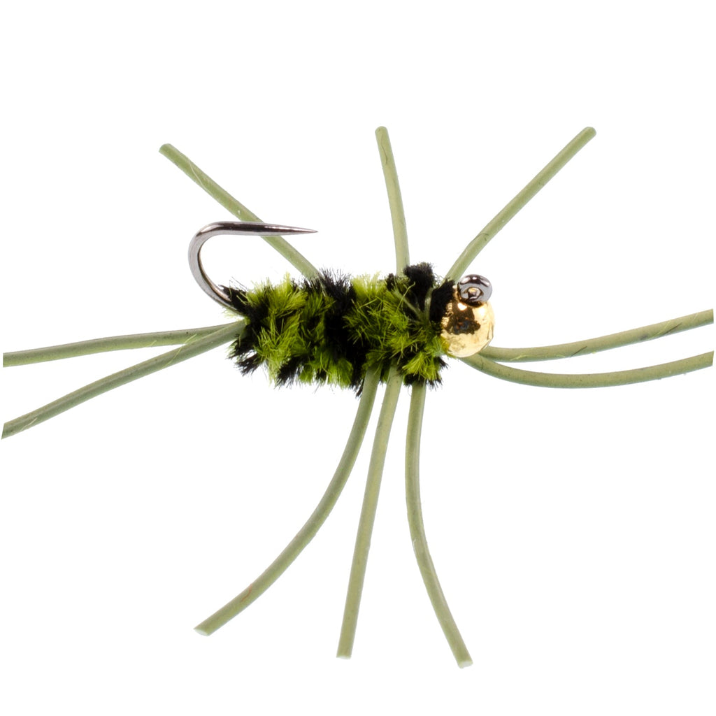 Barbless Pat's Rubber Legs Tungsten Bead Jigged Black/Olive Euro Nymph  - Set of 12 Flies Hook Size 10