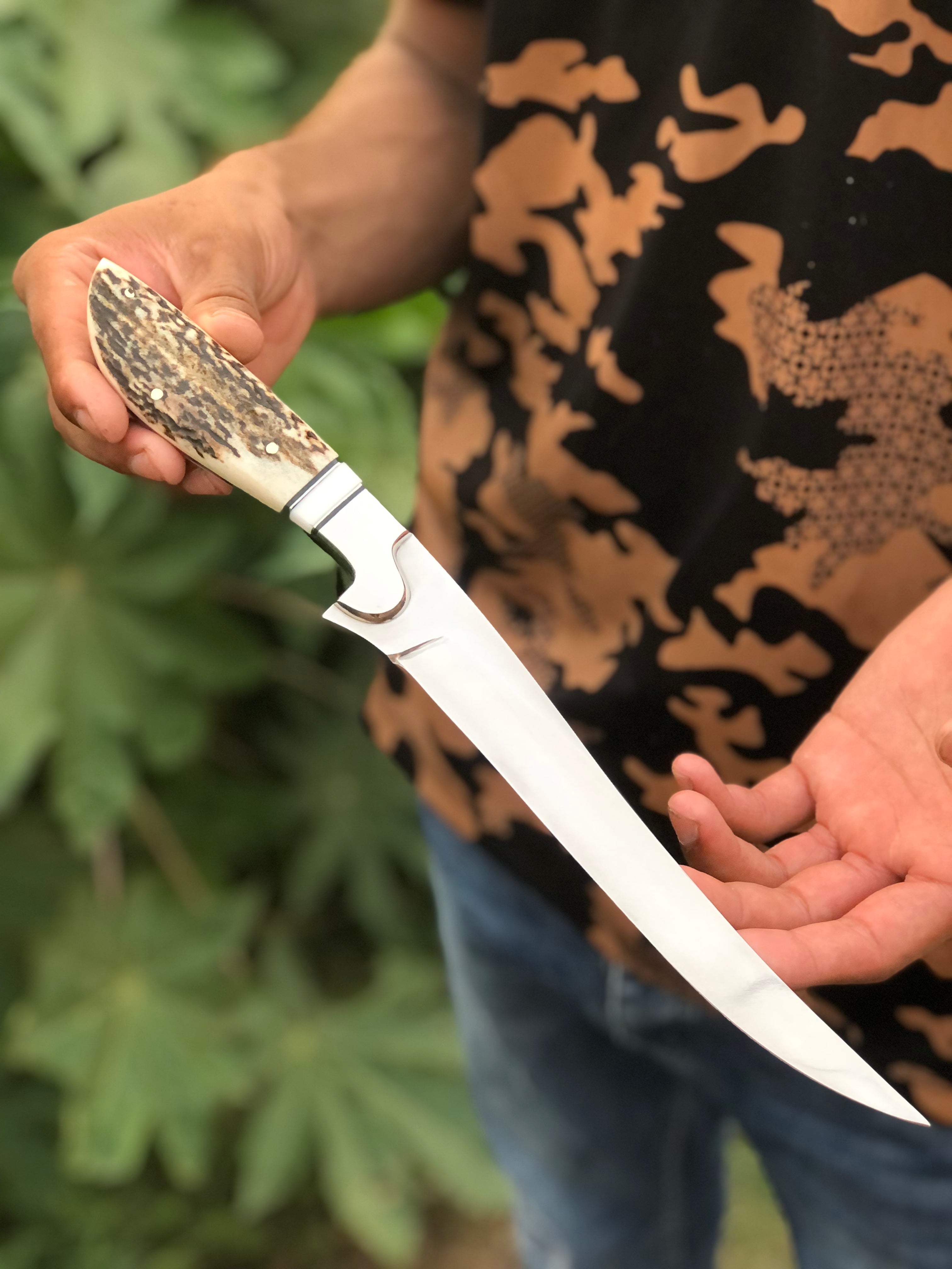 Best Custom Handmade D2 Steel Fishing Fillet Knife - Stag Horn Handle with Steel Bolster & Leather Sheath | Top Flexible Fillet Knives