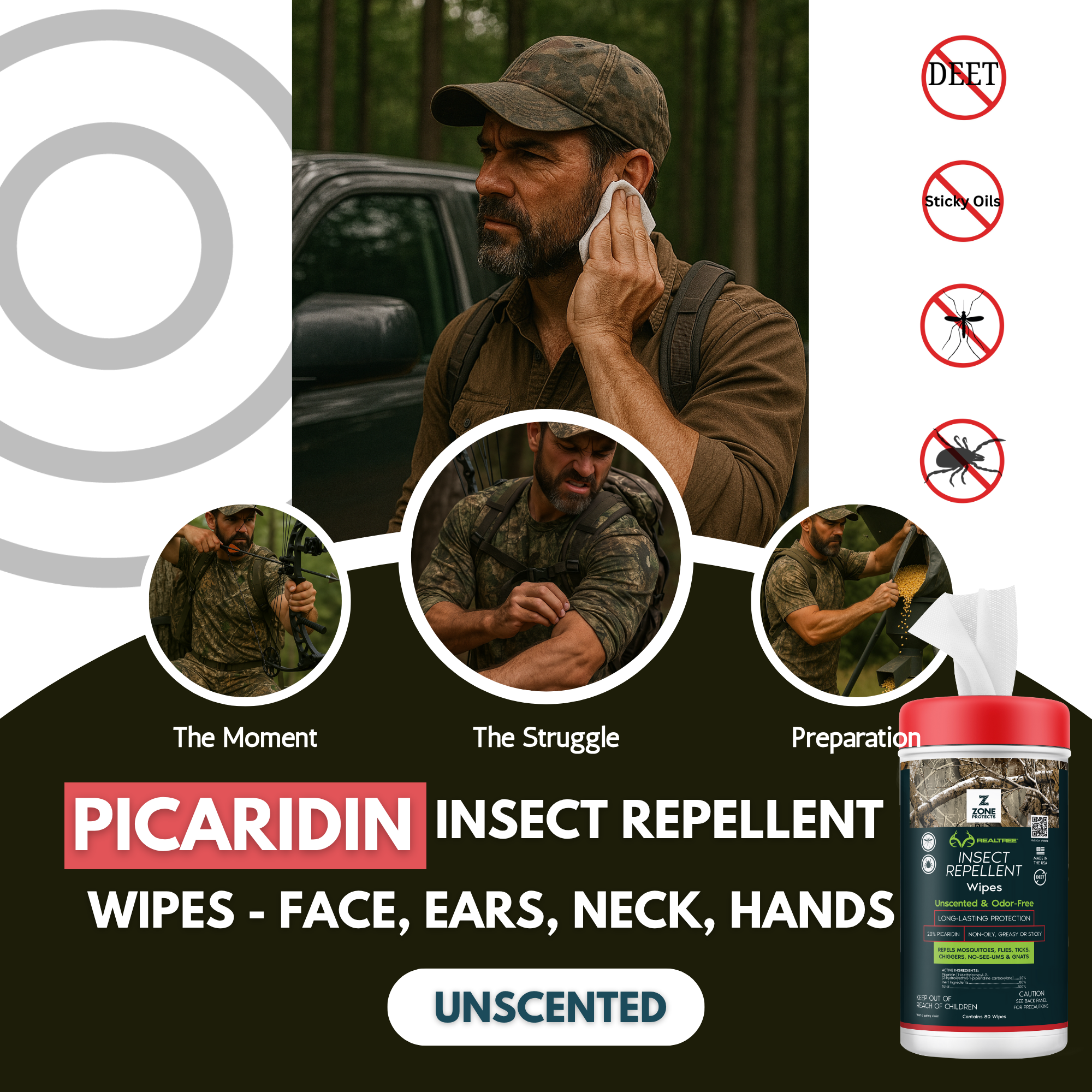 Zone Realtree Unscented Repellent Wipes