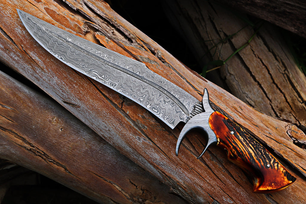 RED DRAGON SLAYER Bowie Knife with Leather Sheath for Sale – Custom Handmade Full Tang Damascus Steel Blade, Antler Horn Handle & Damascus Finger Guard | 16-Inch Hunting Knife – KBS Knives