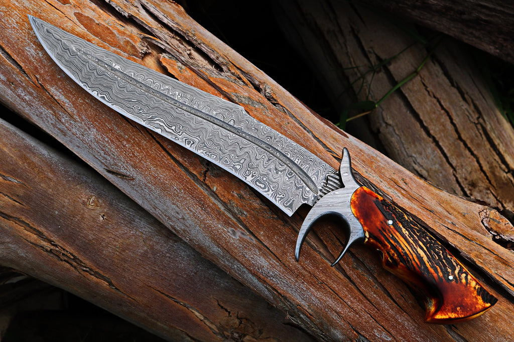 RED DRAGON SLAYER Bowie Knife with Leather Sheath for Sale – Custom Handmade Full Tang Damascus Steel Blade, Antler Horn Handle & Damascus Finger Guard | 16-Inch Hunting Knife – KBS Knives
