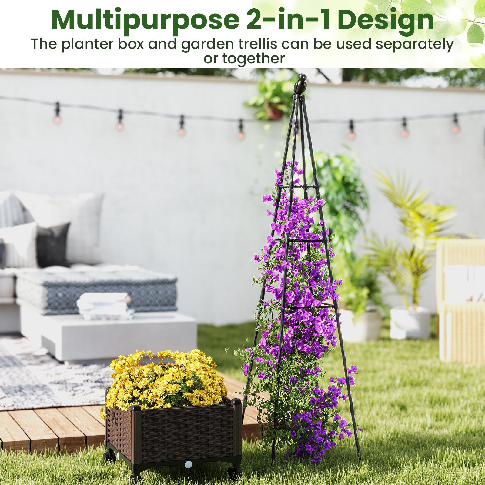 Raised Garden Bed Adjustable with Plant Box and Trellis with Lockable Wheels