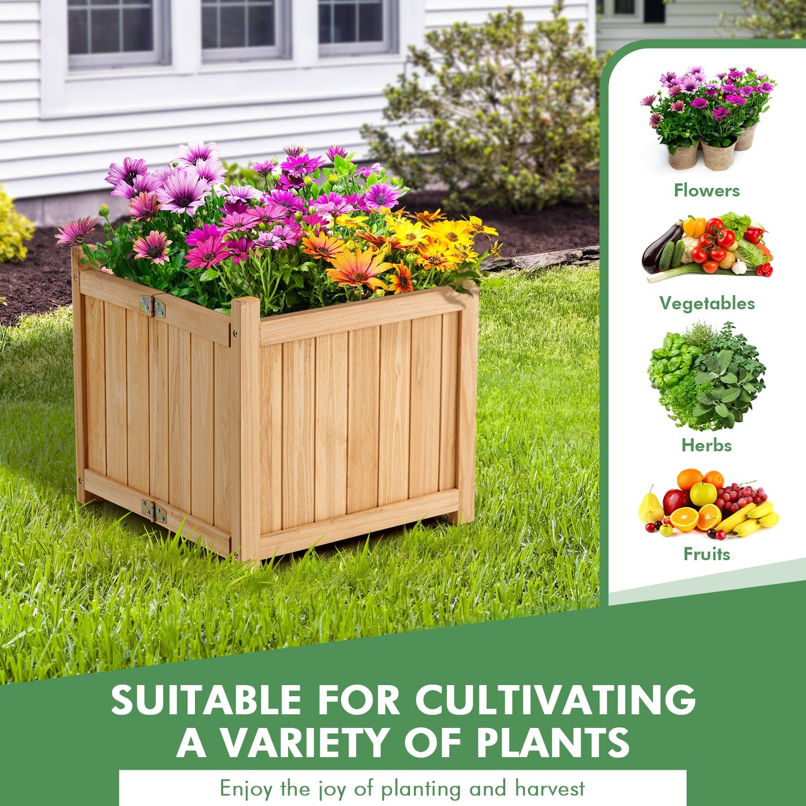 Folding Square Fir Wood Raised Garden Bed with Removable Bottom