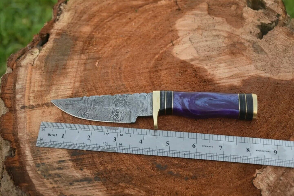 Custom Handmade 8" Damascus Steel Hunting Knife with Brass Guard and Resin Handle, Includes Leather Sheath