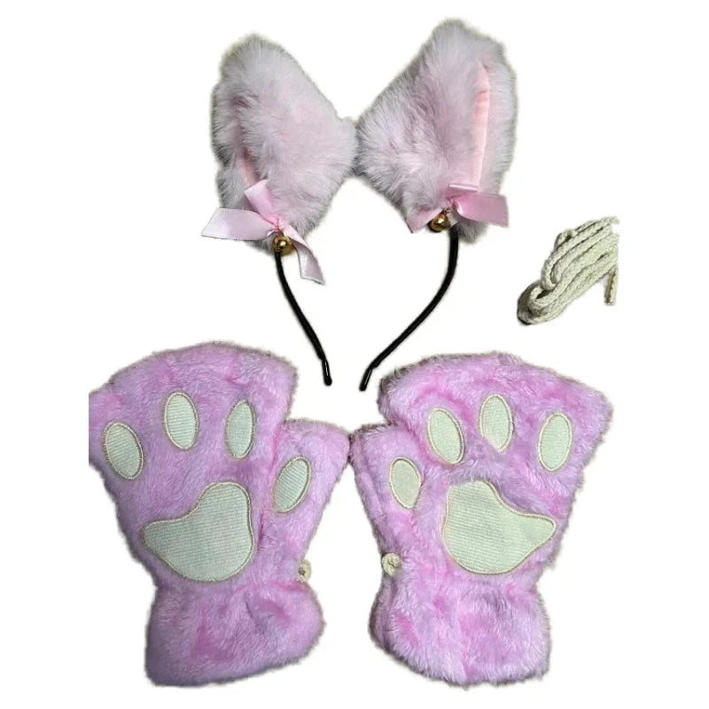 5Pcs Sets Cat Paw Gloves Winter Cute Cartoon Girl Open Finger Gloves Bell Headband Fox Cat Ear Headwear
