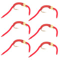 San Juan Worm Gold Bead Power Worm  Red V-Rib - Set of 6 Nymph Flies Hook Size 14