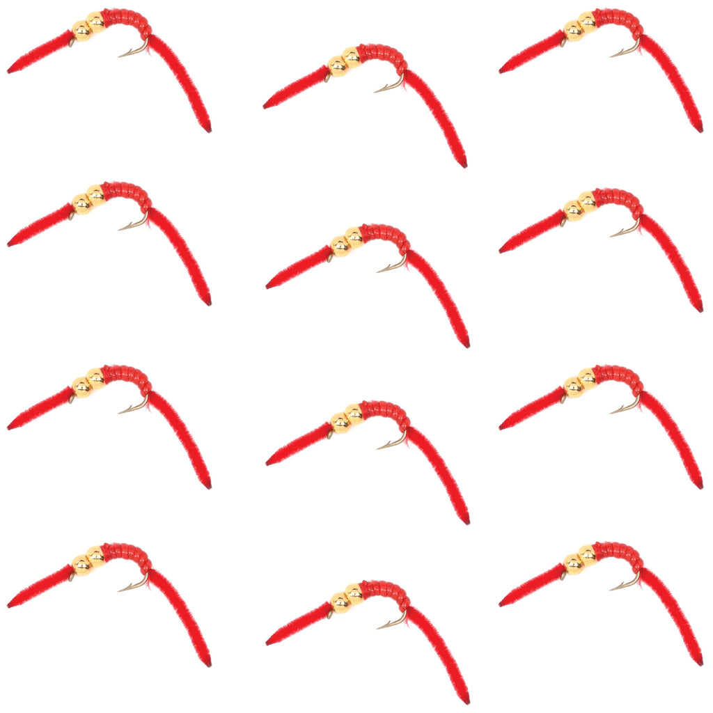 San Juan Double Bead Power Worm Red V-Rib - 1 Dozen Nymph Flies Hook Size 12