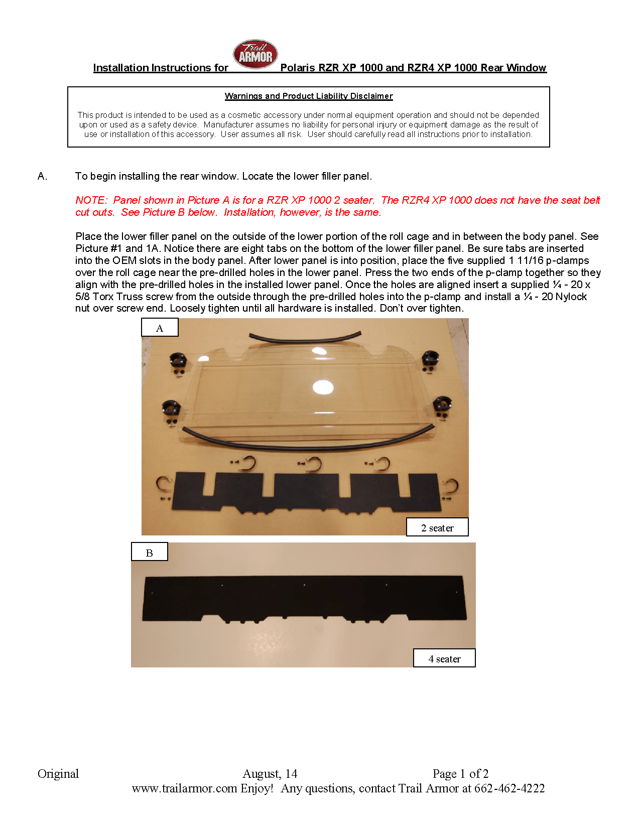 Trail Armor Polaris Hard Rear Window for 2014-22 RZR 4 XP 1000 Model