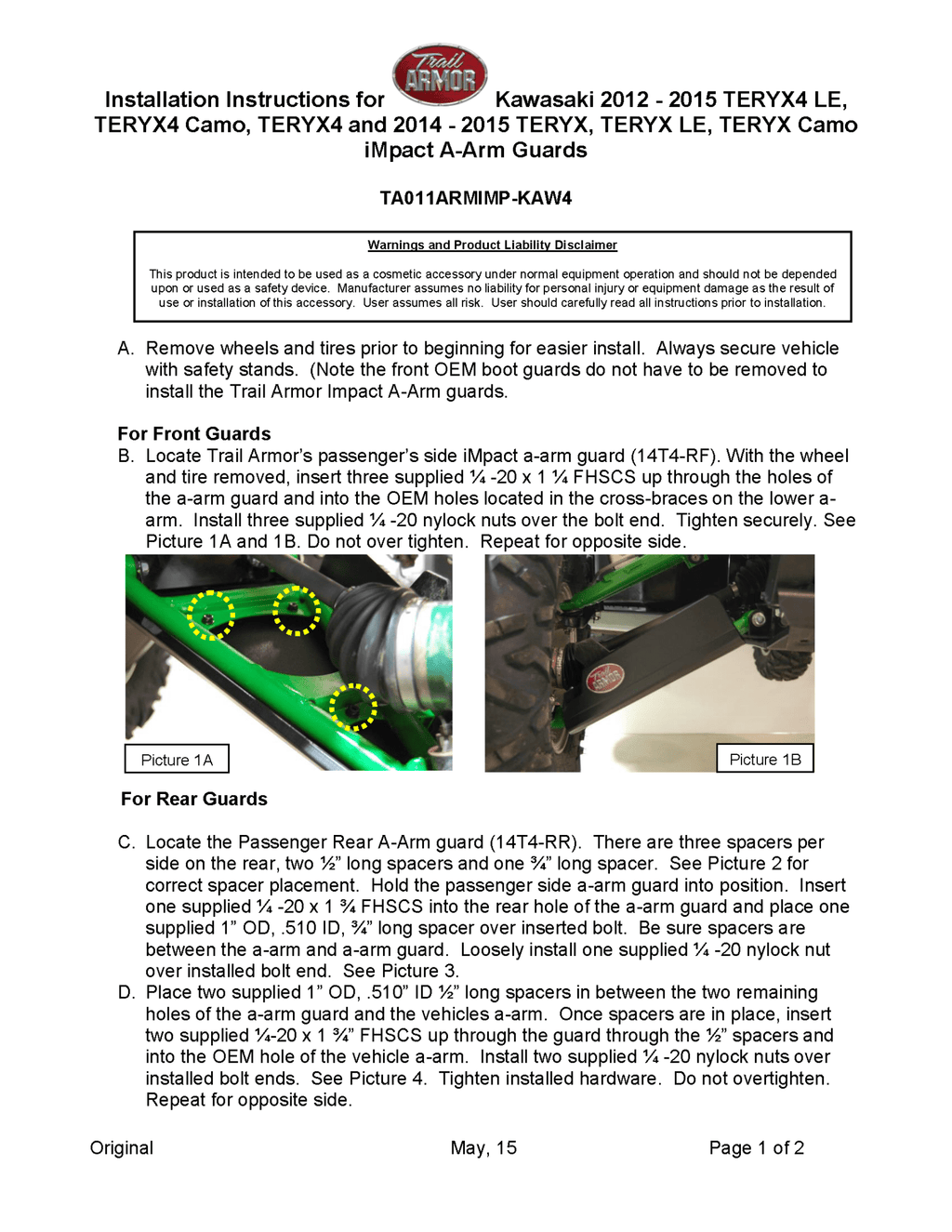 Trail Armor Kawasaki iMpact A-Arm Guard for 2012-20 Camo TERYX4 Models