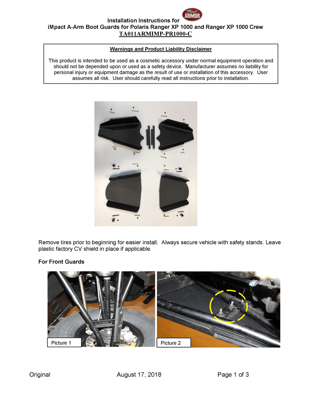 Trail Armor A-Arm Guards for 2018-20 Polaris Ranger 1000 / XP 1000