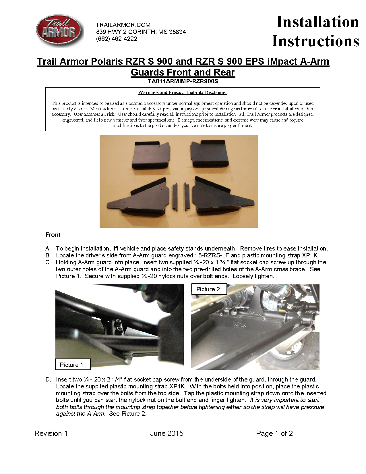 Trail Armor iMpact A-Arm Guards for 2015-22 Polaris RZR S / RZR Trail S Model