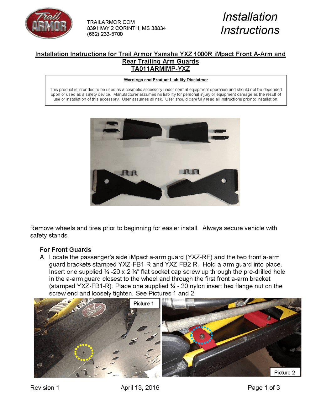 Trail Armor iMpact A-Arm Trailing Arm Guards for 2016-23 Yamaha YXZ1000R