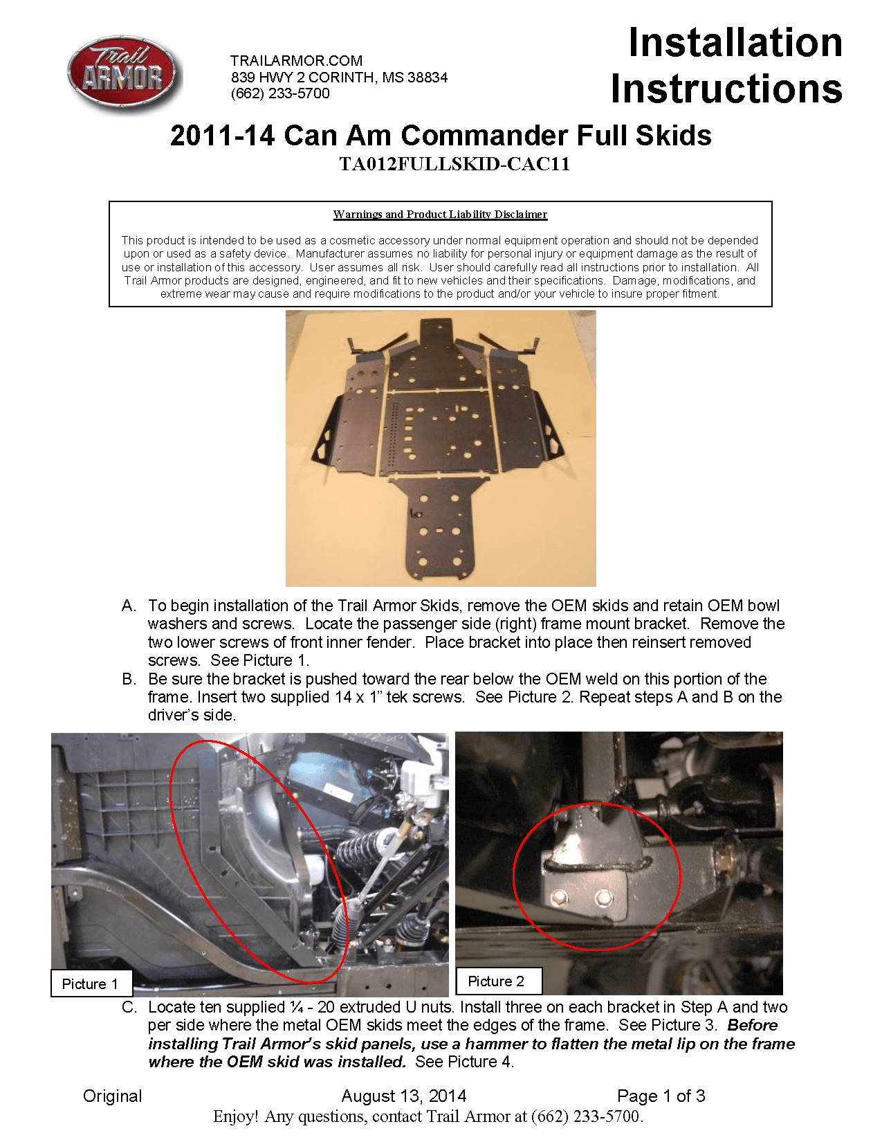 Trail Armor Skid Plates for 2011-14 Can-Am Commander 800 /DPS /XT/ 1000