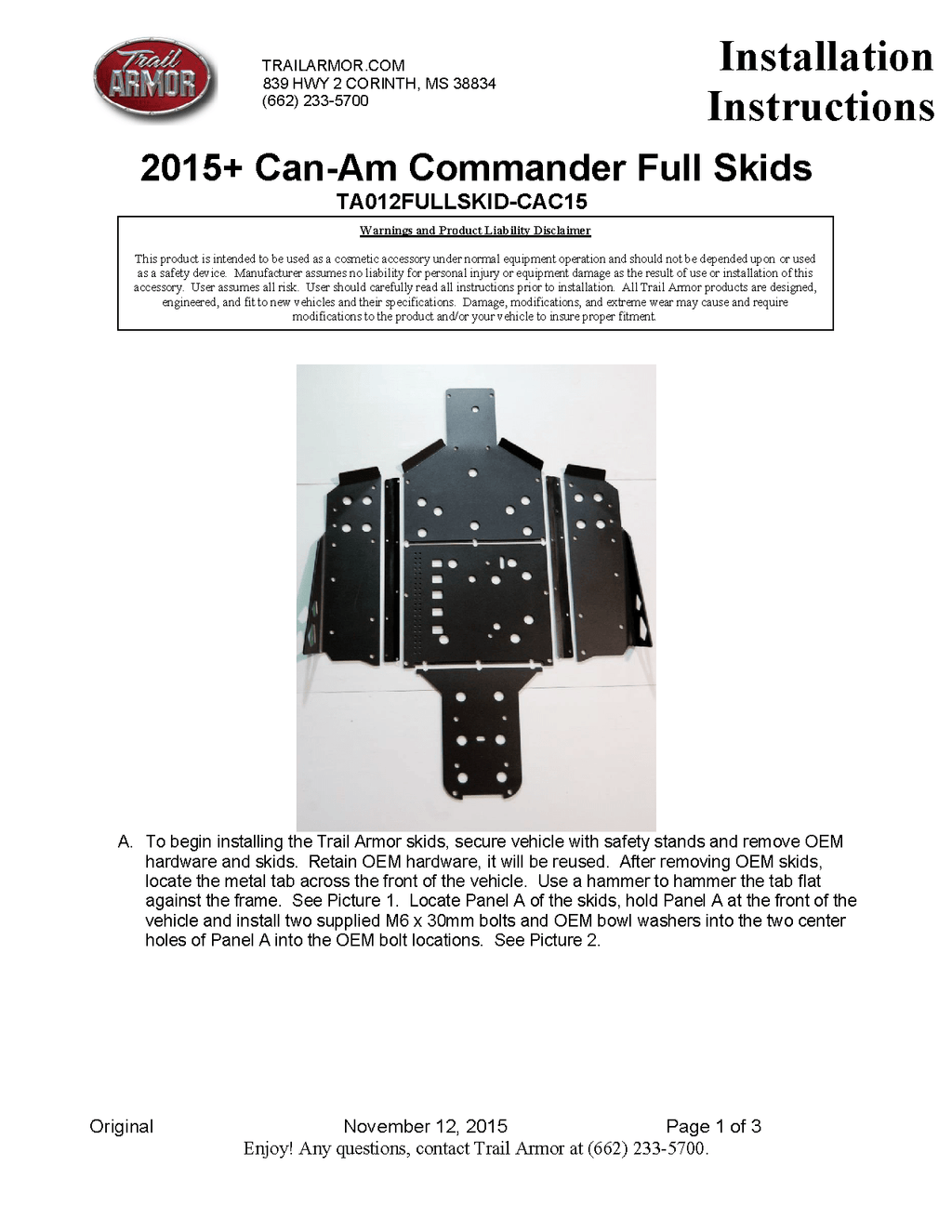 Trail Armor Skid Plates for 2015-20 Can-Am Commander 800/ DPS/ XT /1000