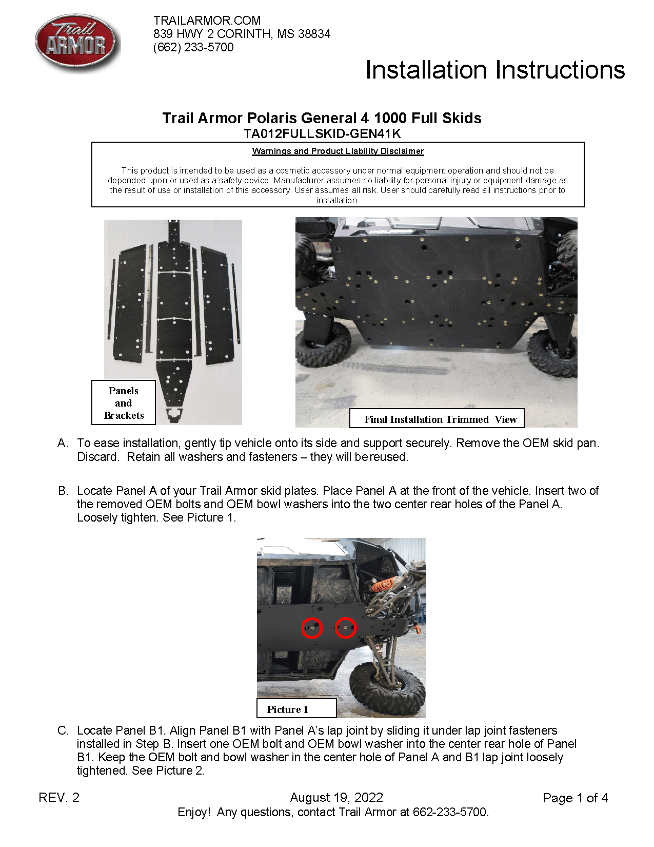 Trail Armor Skid Plate With Rock Sliders for 2017+ Polaris General XP 1000 4