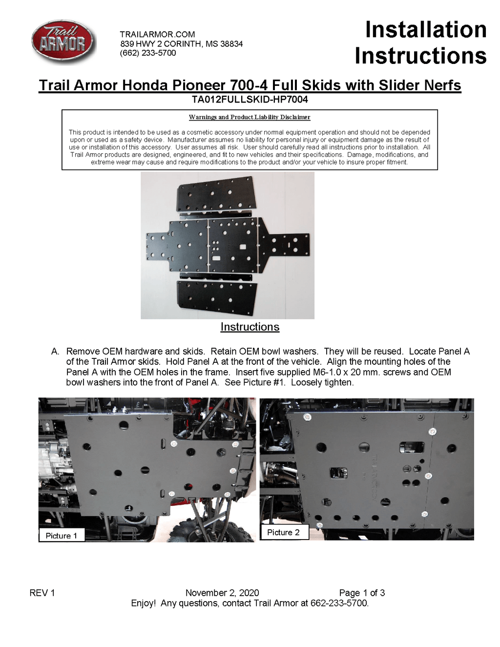 Trail Armor Full Skids Honda for 2014- 21 Pioneer 700
