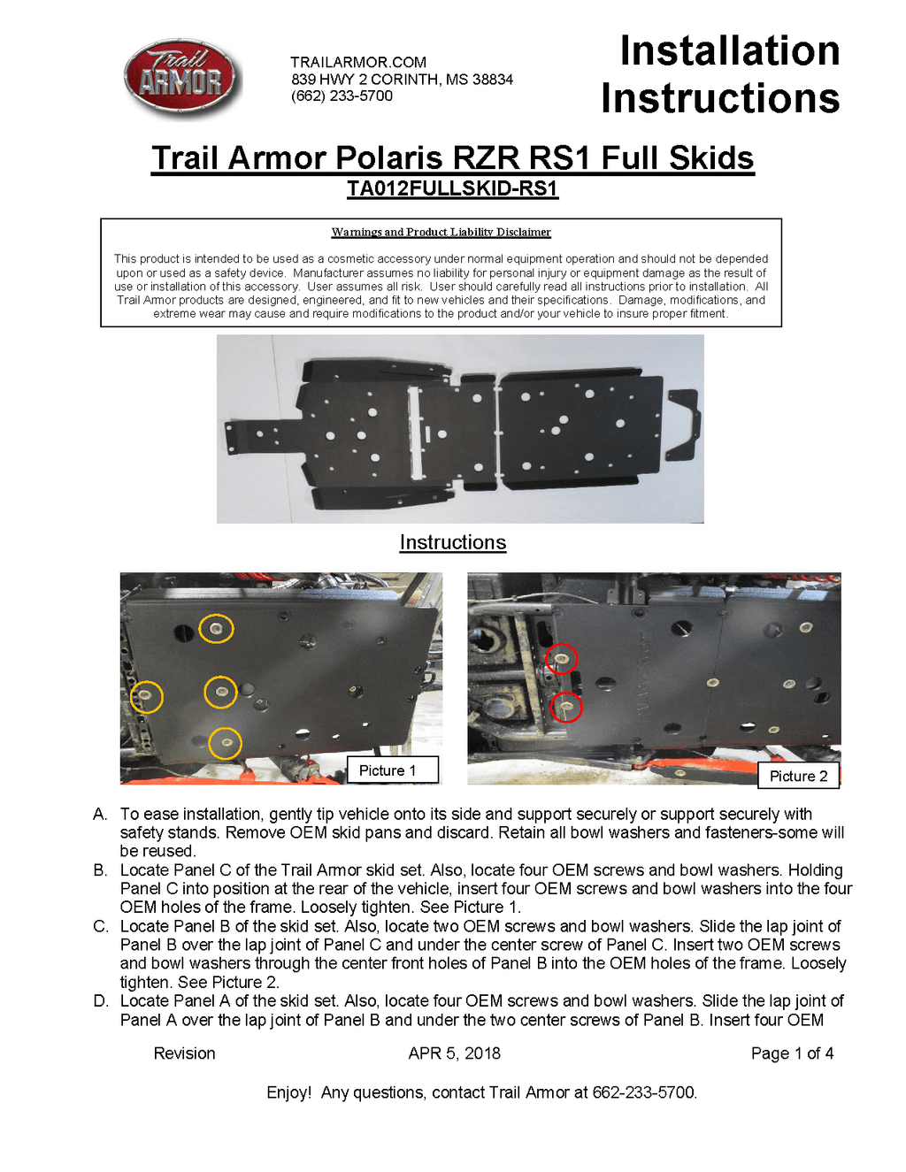 Trail Armor Full Skids plate for 2018-22 Polaris RZR RS1