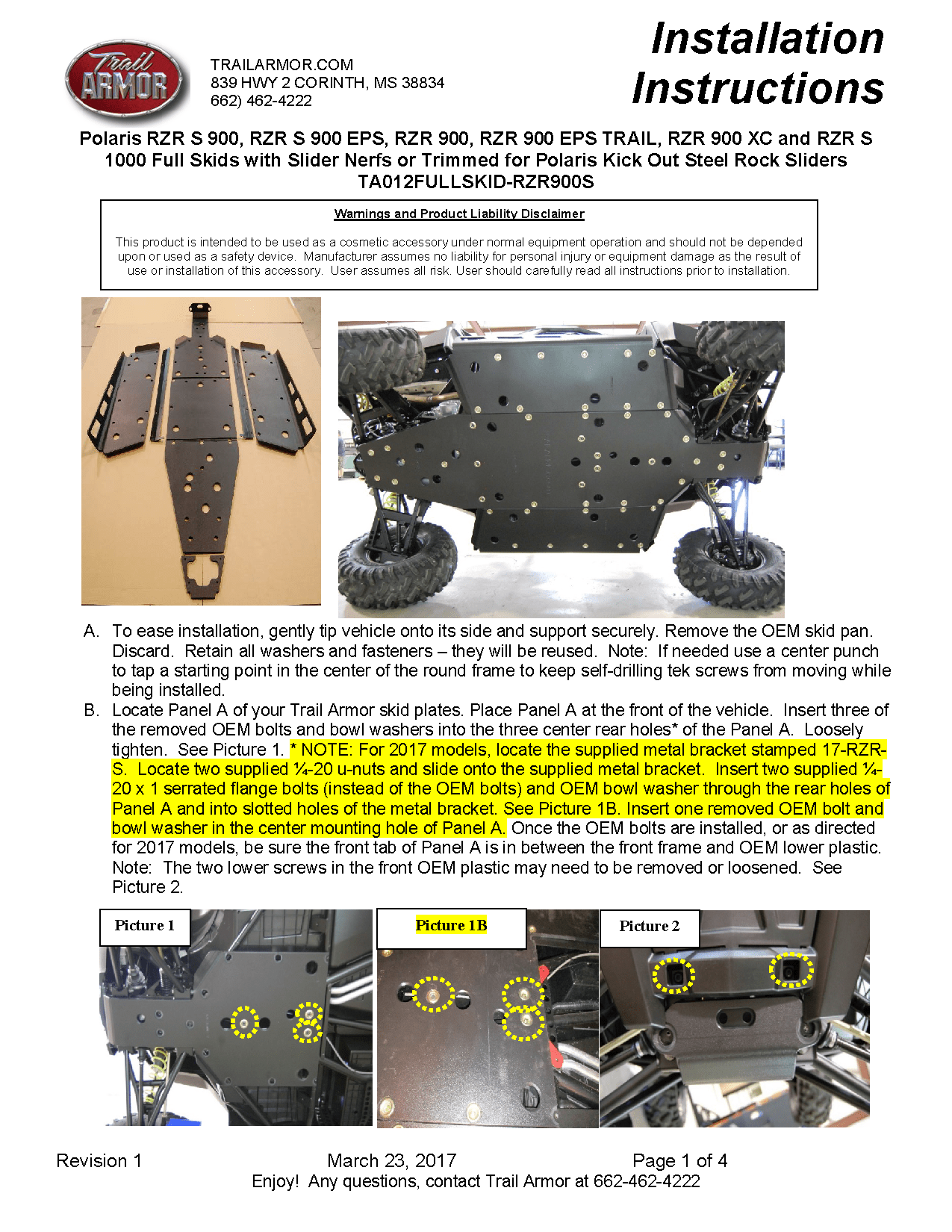 Trail Armor Full Skid Plate for 2015-20 RZR 900 / S 900 / S 1000