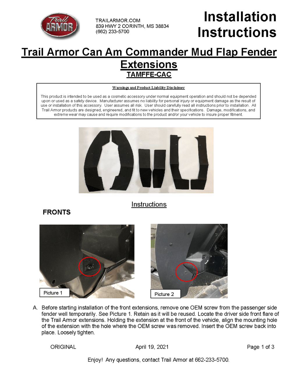 Trail Armor Mud Flap Fender Extensions for 2021-22 Can-Am Commander XT / DPS / Max