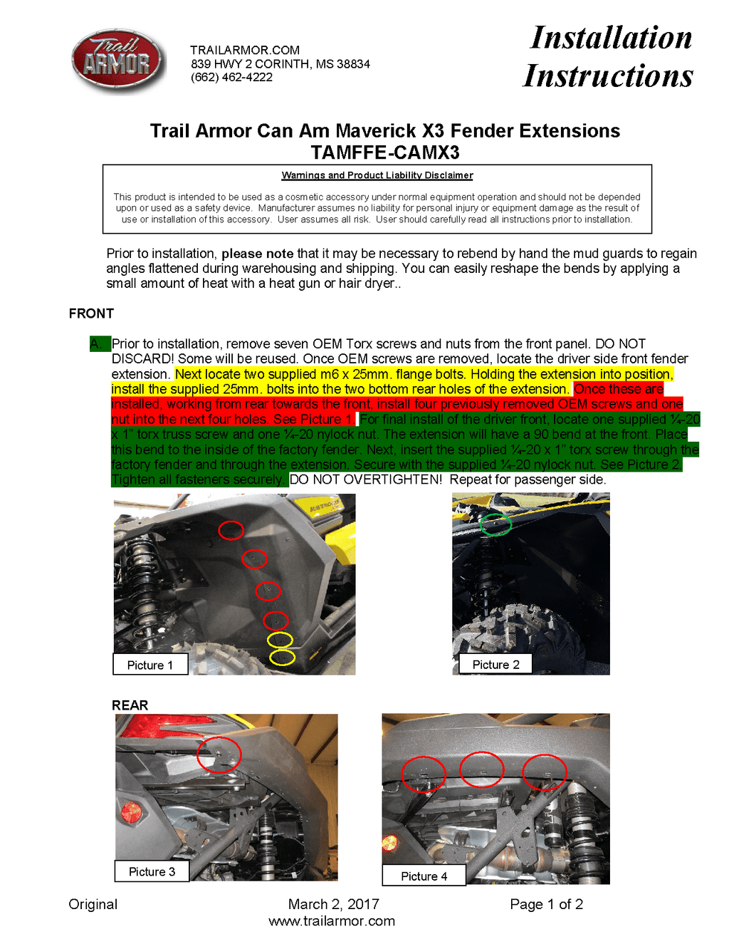 Trail Armor Mud Flap Fender Flares for 2017+ Can-Am Maverick X3
