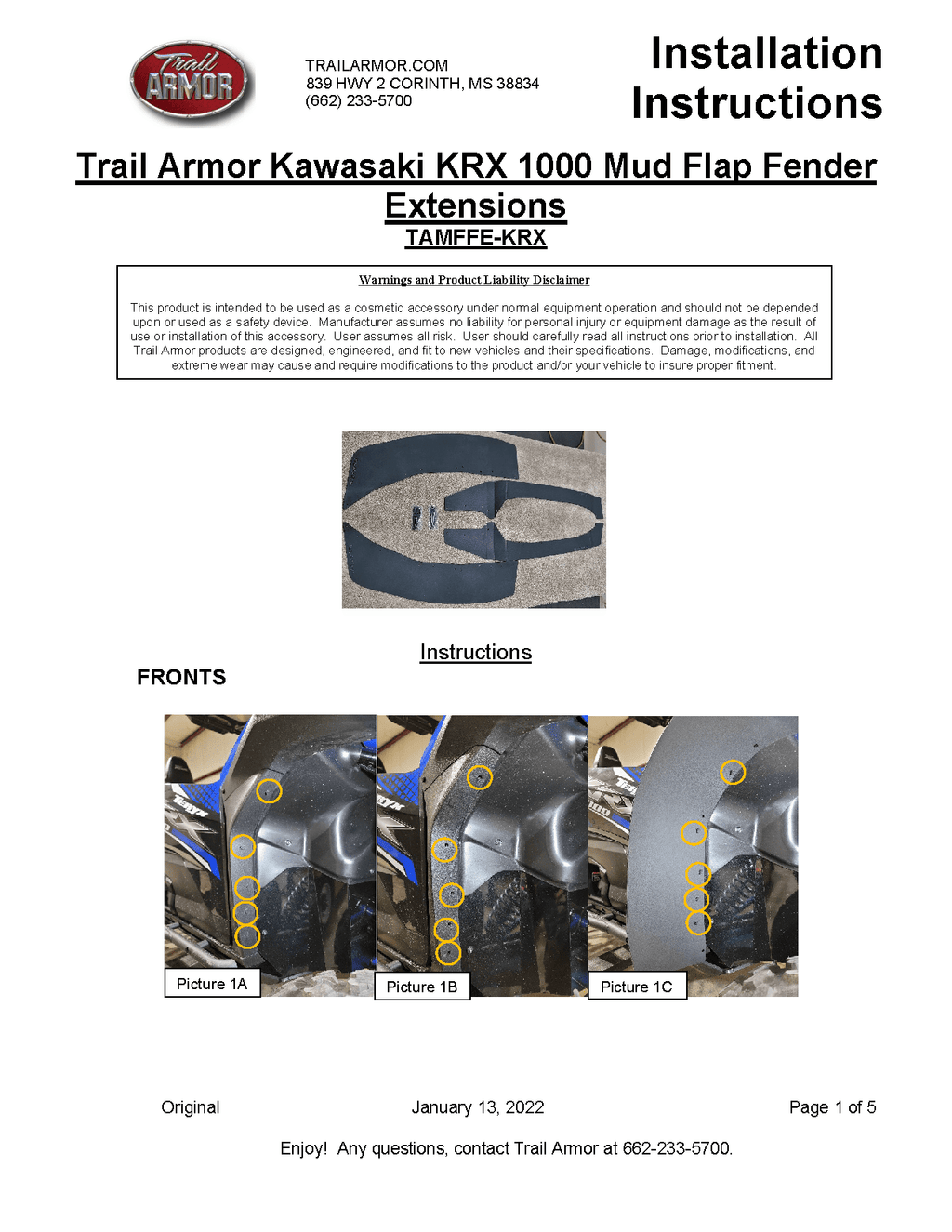 Trail Armor Kawasaki Mud Flap Fender Extensions for 2020+ Teryx KRX 1000