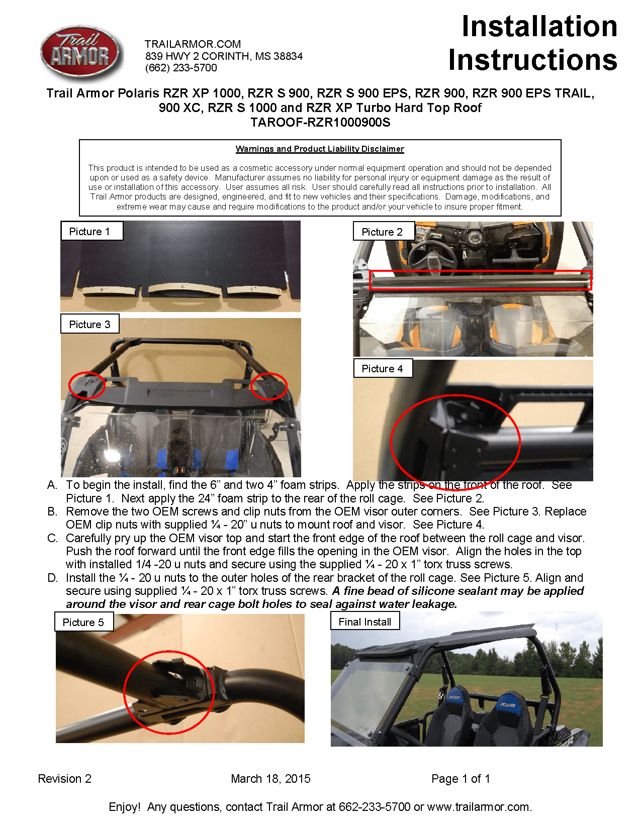 Trail Armor Hard Top Roof for 14-19 Polaris RZR 900 / XP 1000 / Turbo