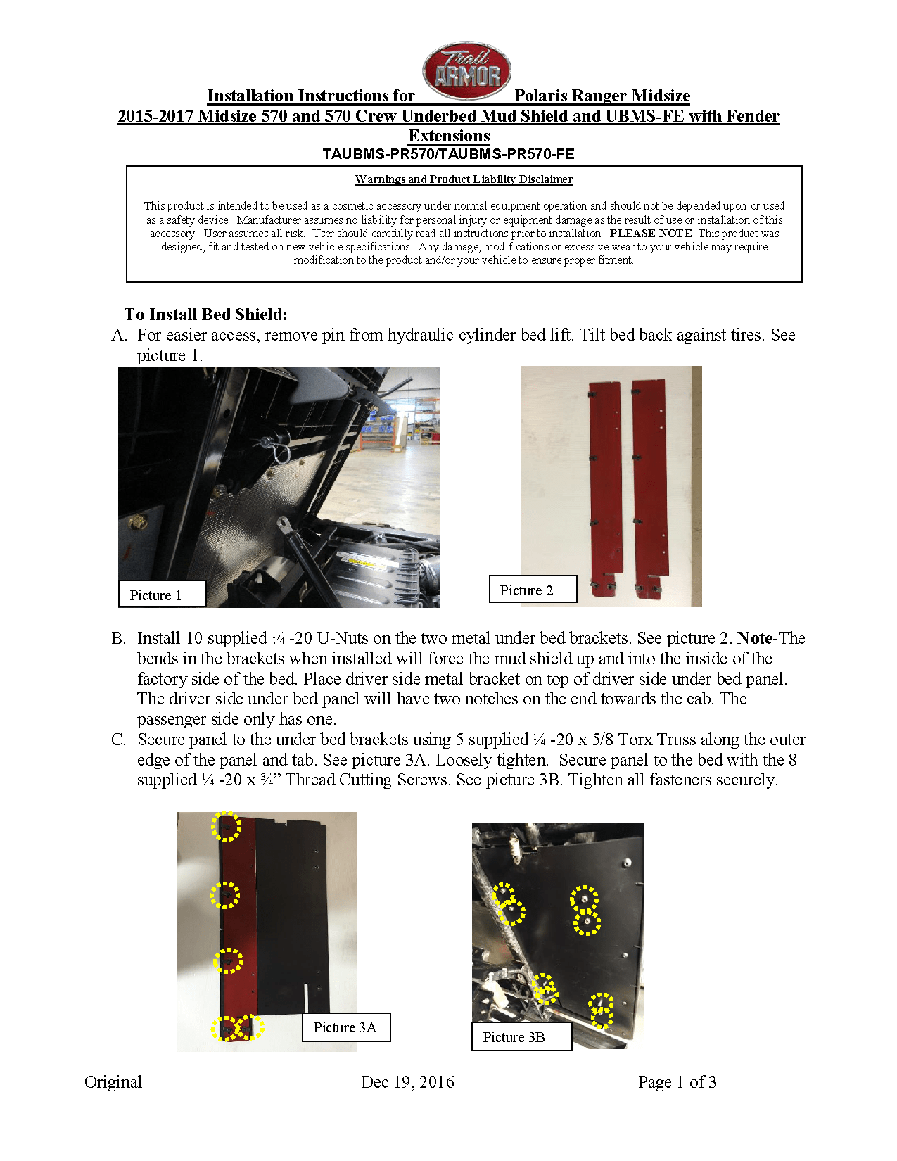 Trail Armor Underbed Mud Shield with Fender Enclosures for 2014-21 Ranger Midsize 570 Model