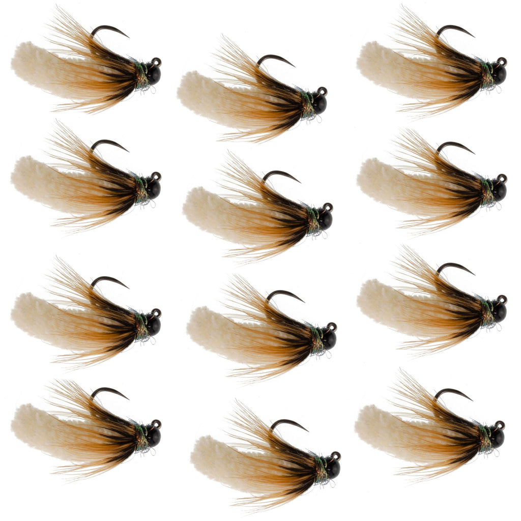 Tungsten Bead Cream Mop Fly Tactical Jig Czech Euro Nymph Barbless - 12 Flies Size 14