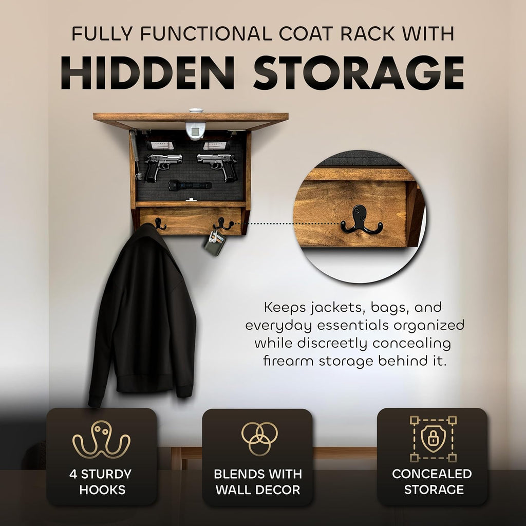 Tropical Paradise Hidden Gun Storage Coat Rack with Hooks for Coats, Bags, & Hats - Quick Access Concealment Shelf with Magnetic Lock - Handcrafted Gun Concealment Furniture