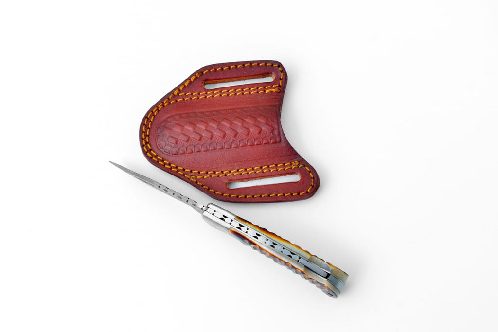 Stag Horn Style Damascus Folding Knife with Leather Sheath - TK-410
