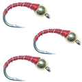 3 Pack Bead Head Red Zebra Midge Still Water Nymph Fly Fishing Fly Hook Size 18