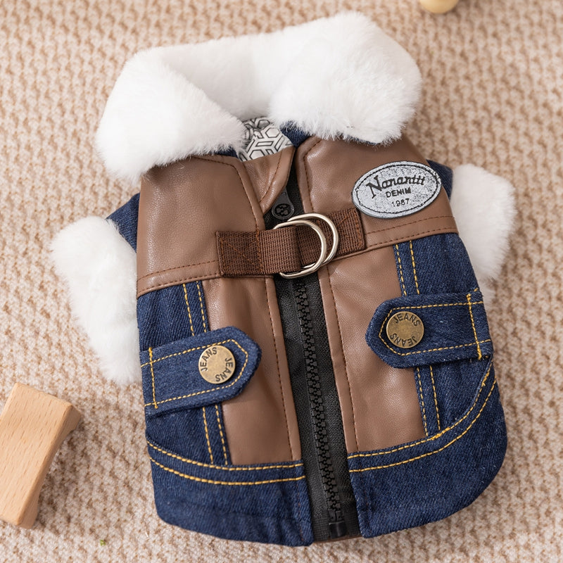 Cat Clothing For Autumn And Winter Warmth And Thickening, Small Dog Adult Kitten Winter Denim Two-legged Cotton Coat, Dog Pet Clothing