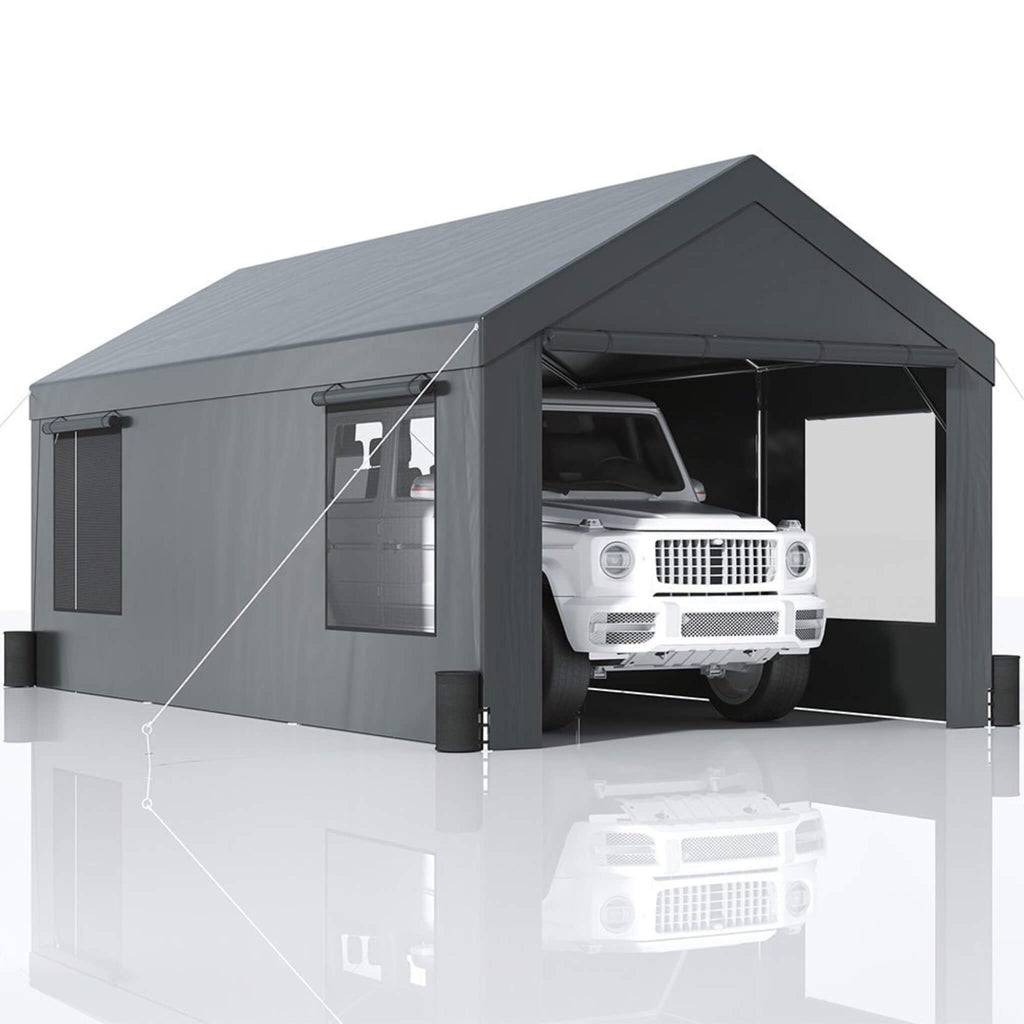 [12X20FT] Alora Heavy-Duty Outdoor Premium Garage Tarp Canopy Shelter W/ Removable Sidewalls (SAK94615)