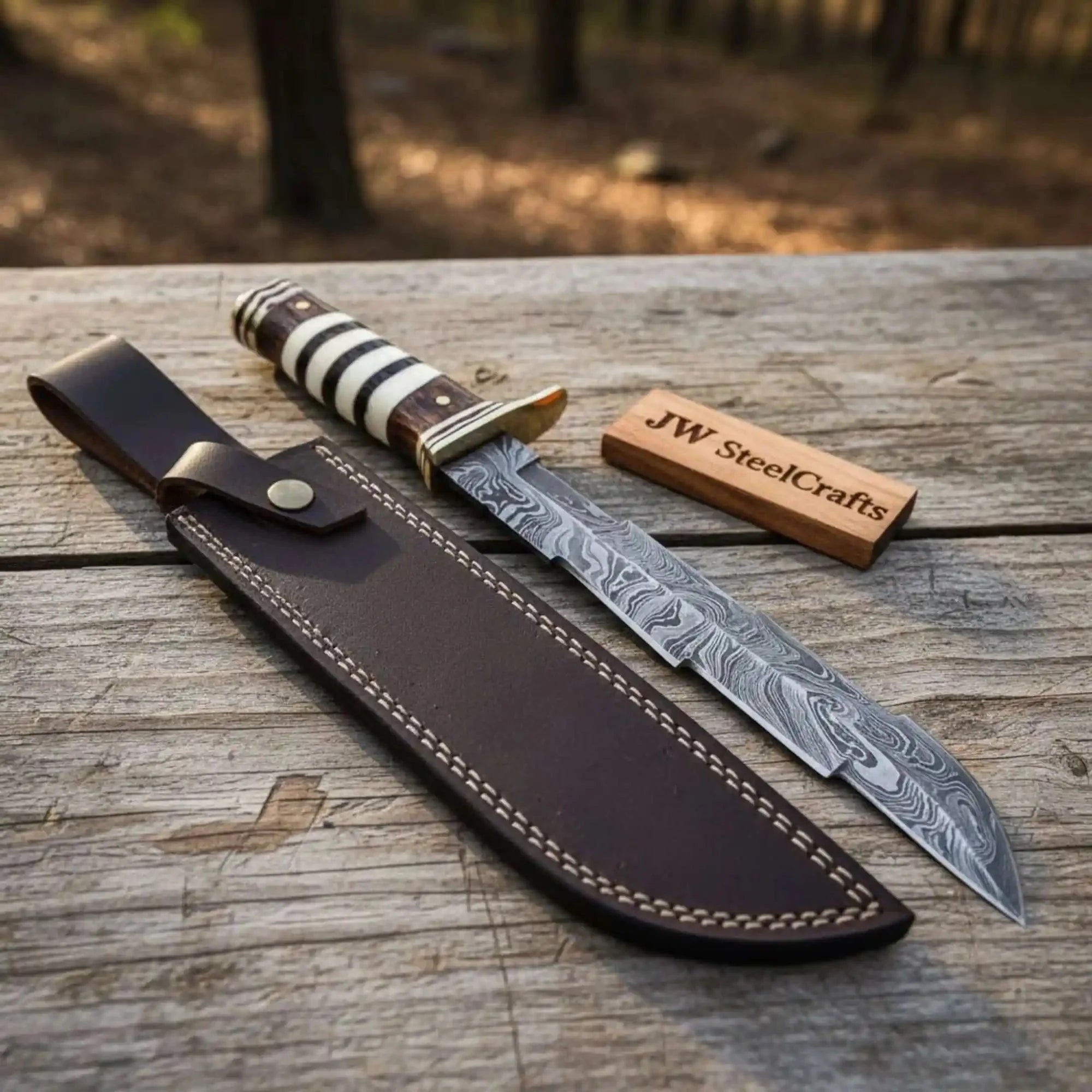 American Clip Point Bowie Knife Damascus Steel Stacked Bone Wood Handle JW SteelCrafts
