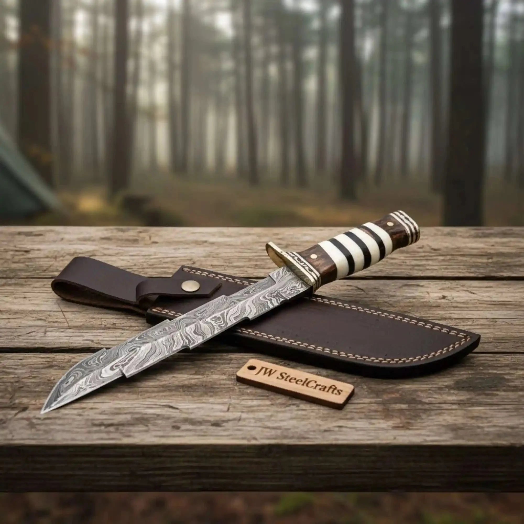 American Clip Point Bowie Knife Damascus Steel Stacked Bone Wood Handle JW SteelCrafts