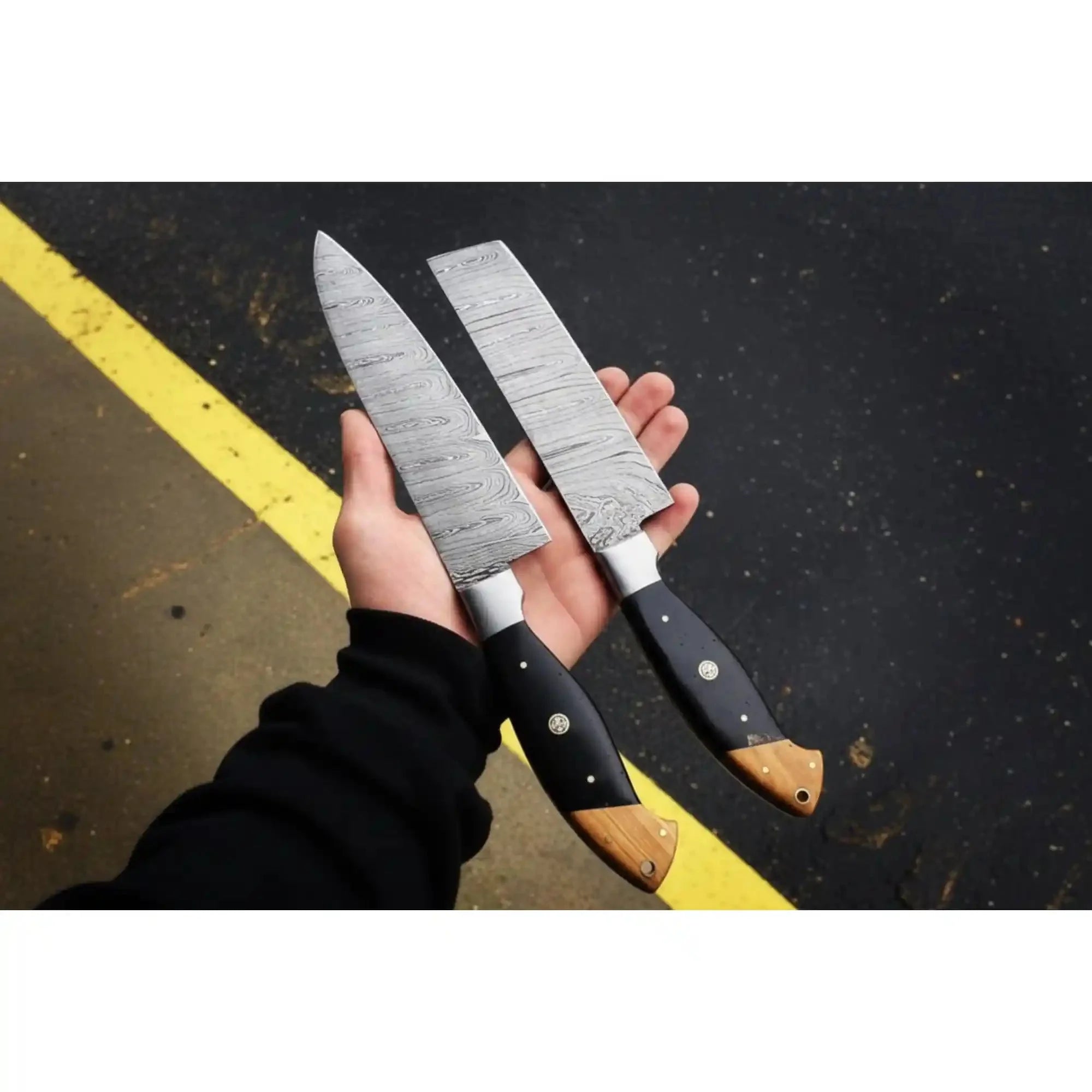 Artisan Japanese Kitchen Pair — Pattern-Welded Damascus Gyuto & Straight-Edge Nakiri by JW SteelCrafts