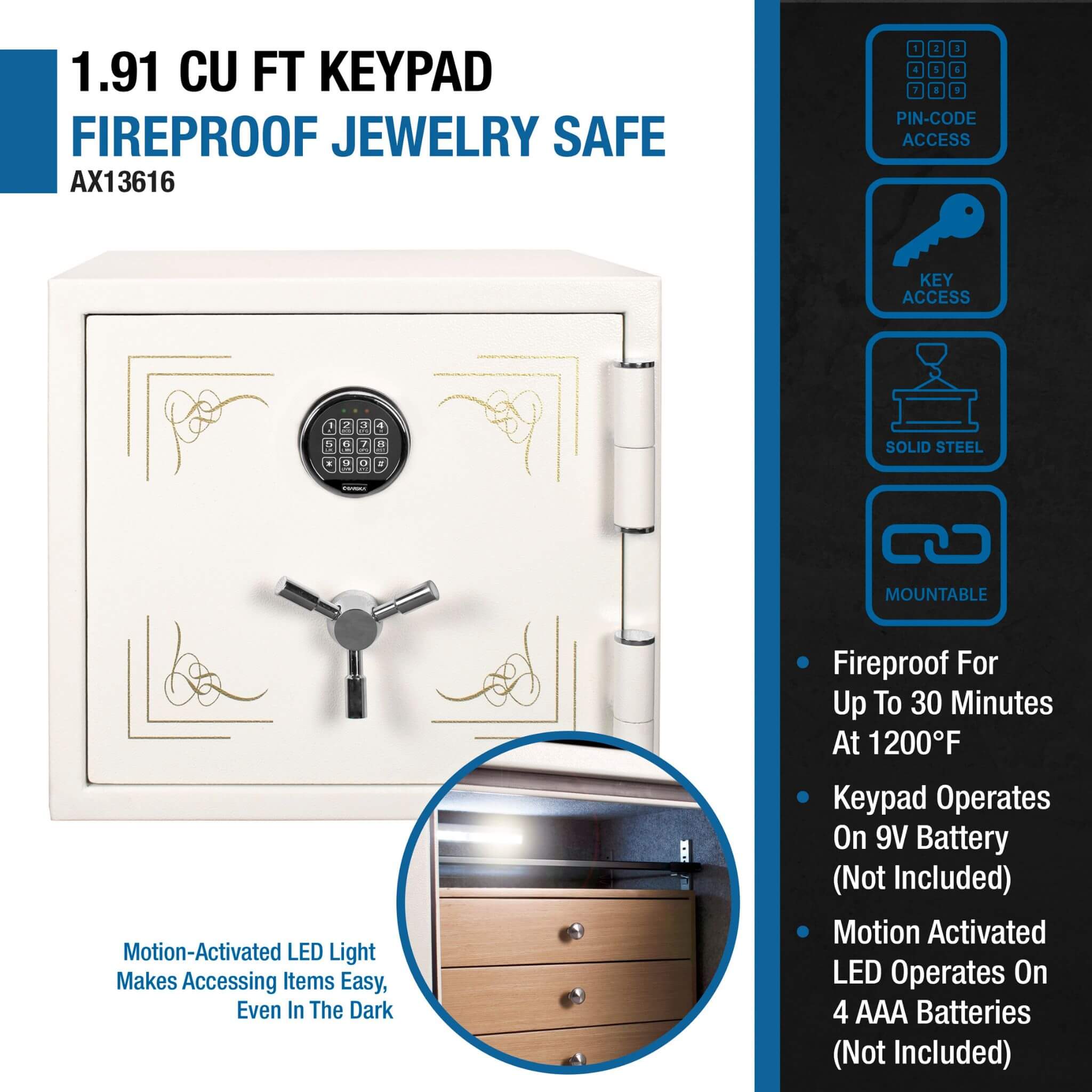 Barska 1.91 CF White Fireproof Jewelry Safe With Digital Keypad Lock (SAK42861)