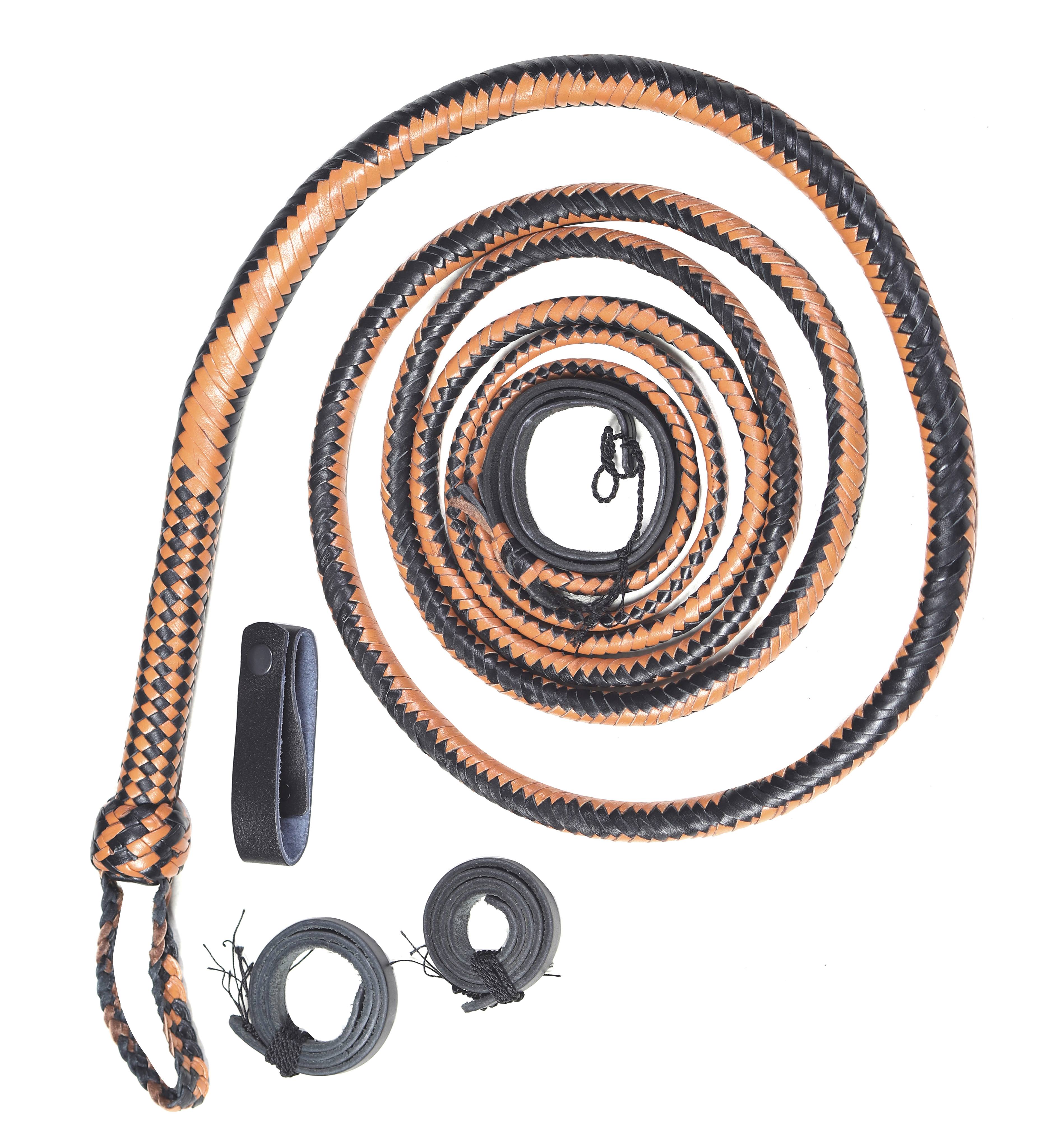 Tan & Black Leather Bull Whip – Handmade 16-Plait Performance Whip