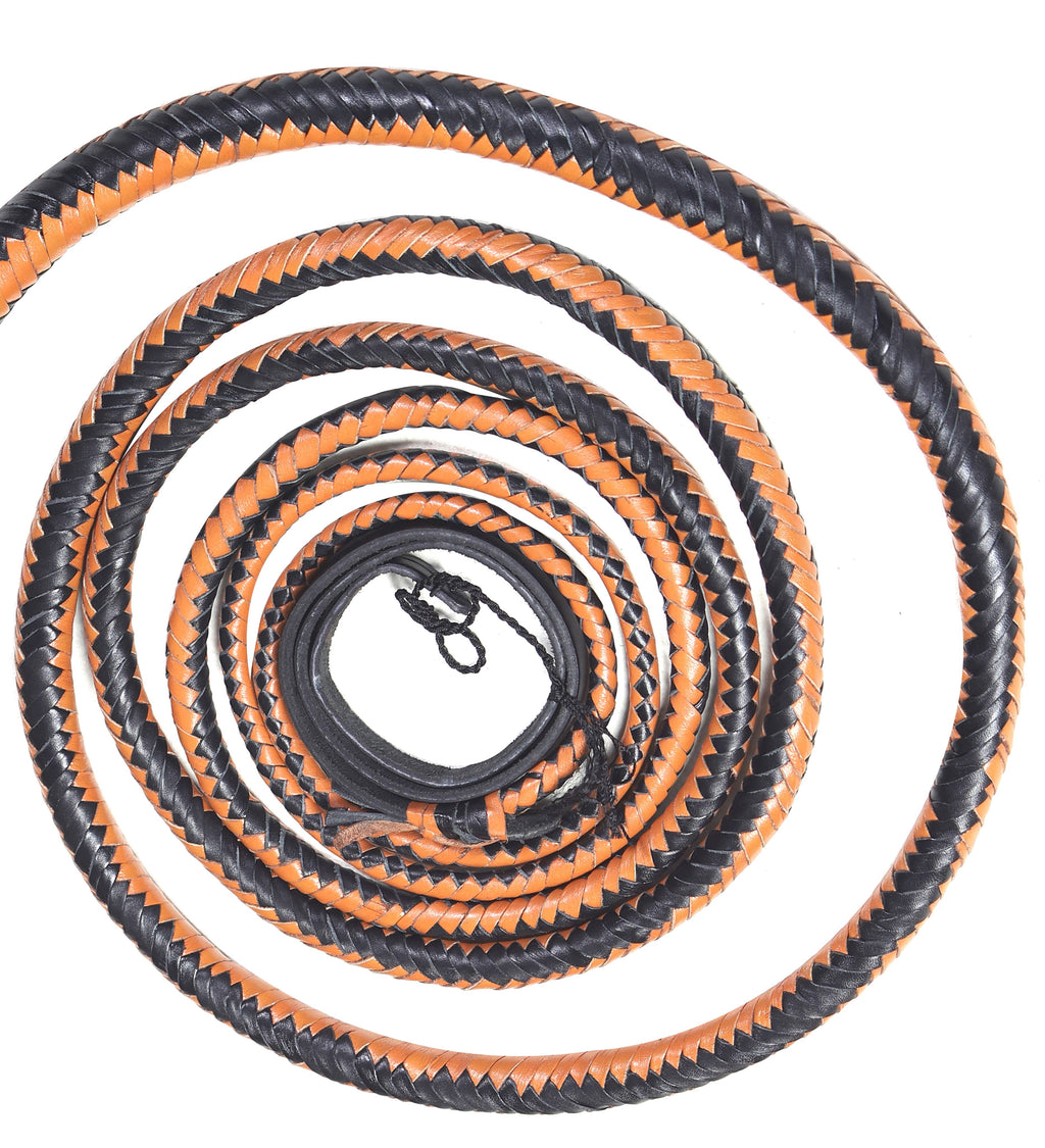 Tan & Black Leather Bull Whip – Handmade 16-Plait Performance Whip