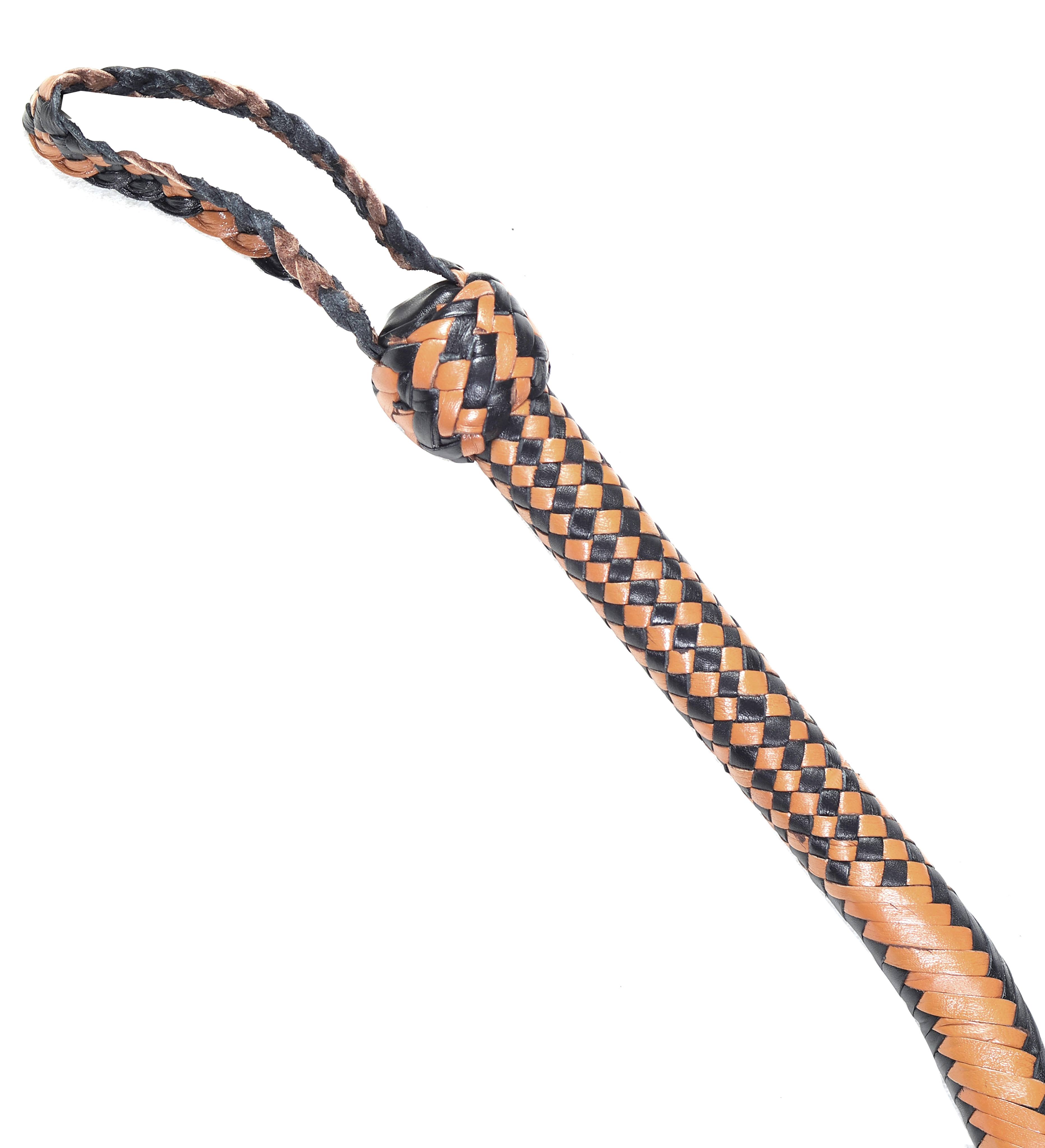 Tan & Black Leather Bull Whip – Handmade 16-Plait Performance Whip