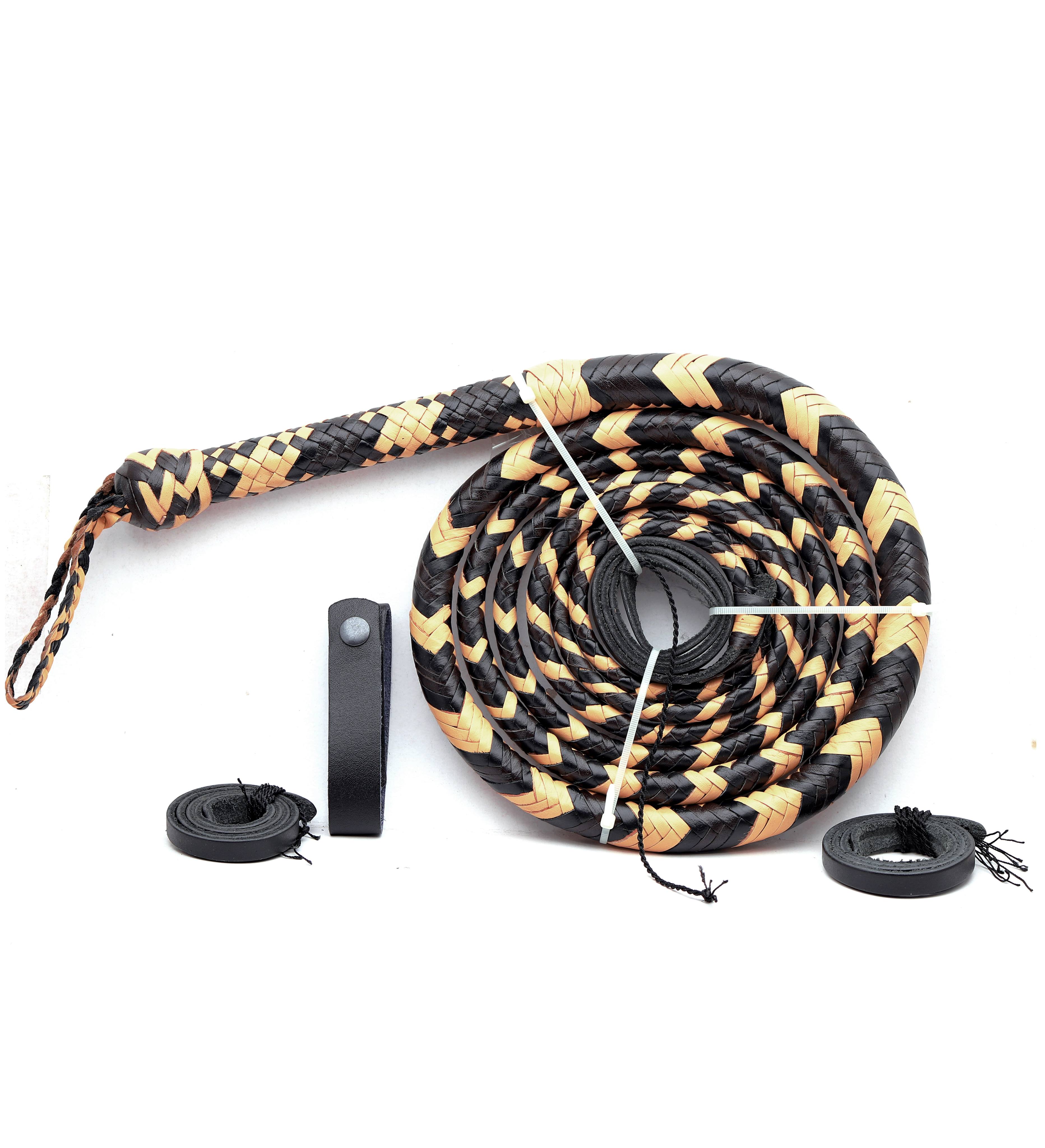 Yellow & Black Leather Bull Whip – Handmade Braided Whip