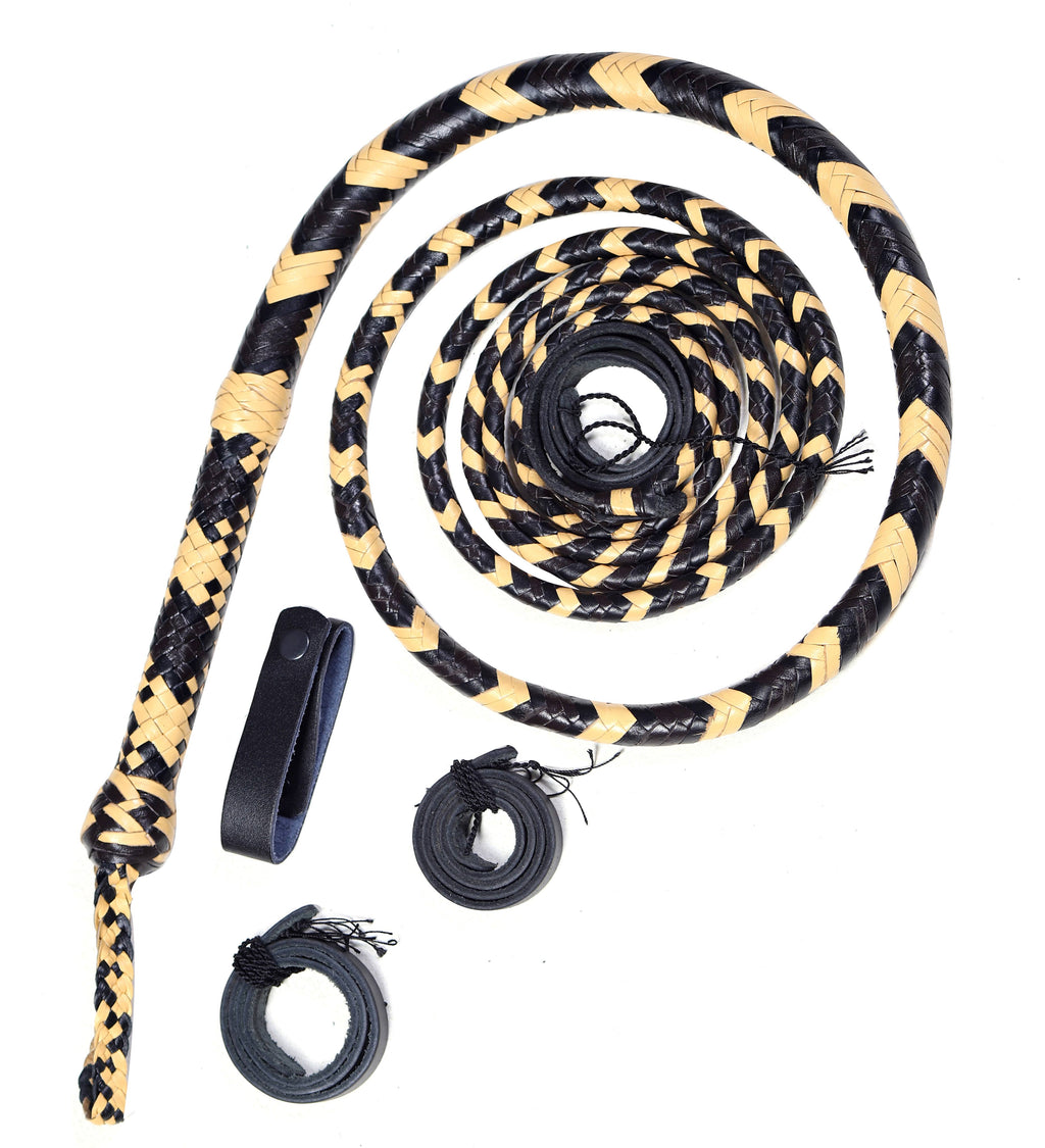 Yellow & Black Leather Bull Whip – Handmade Braided Whip