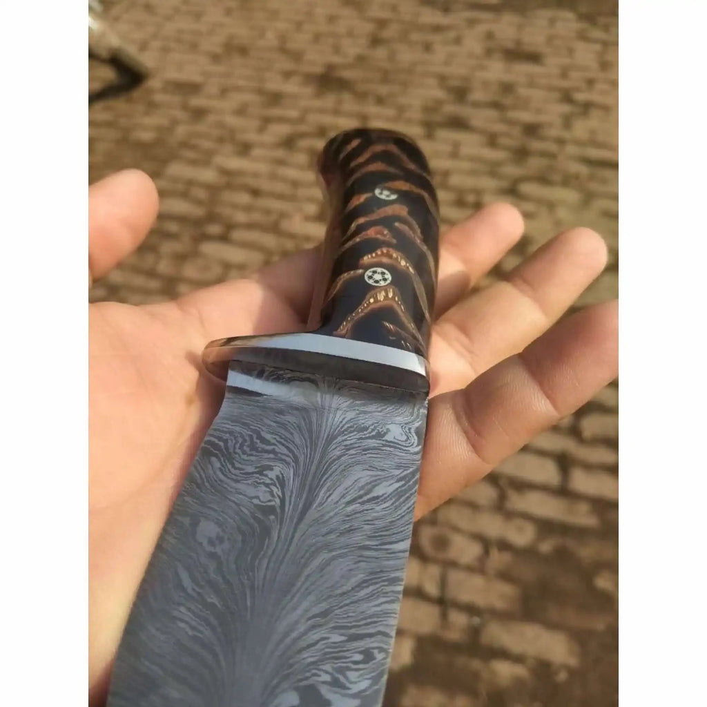 Bowie Knife Feather Damascus Blade Pinecone Handle Fixed Blade Hunting Knife