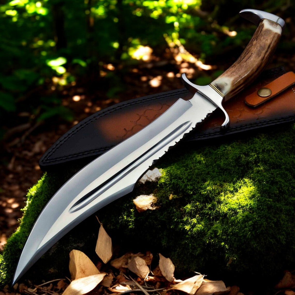 Bowie Knife With Antler Handles – 14" D2 Steel Blade With Blood Groove & Antler Handle